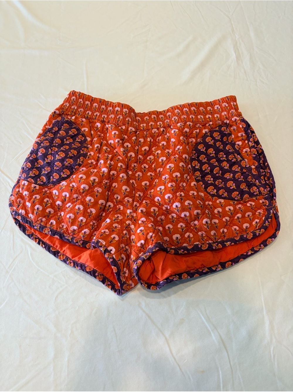 Maeve Anthropologie Quilted Linen Track Shorts Orange Floral Print Small